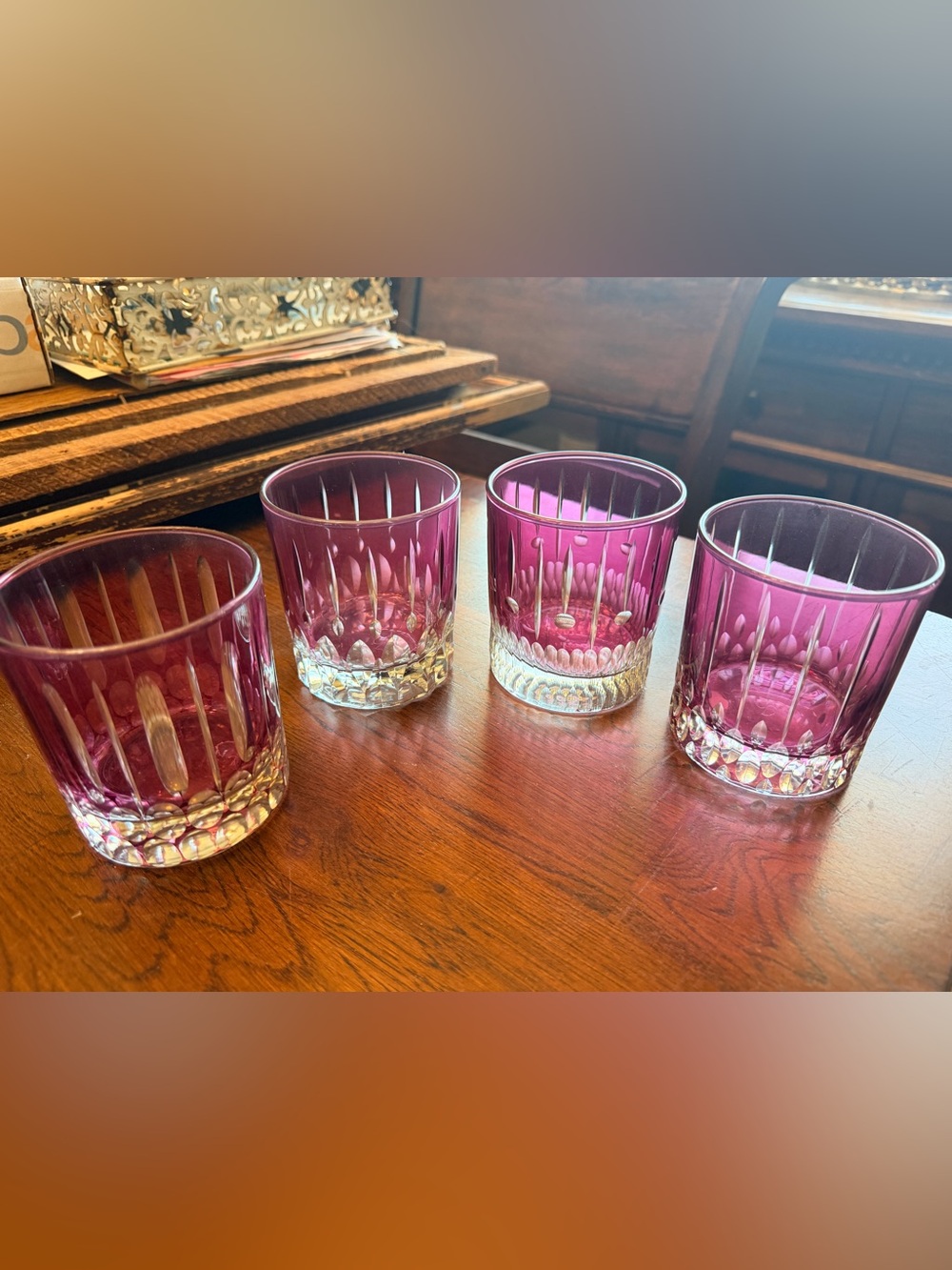 Set of Pink Cut-Glass Tumblers - Elegant Home Dining Cocktail Glassware